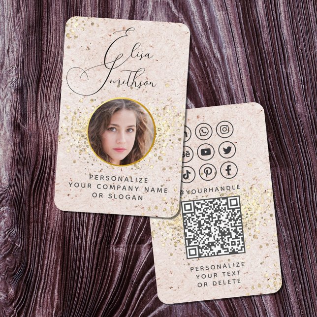  Blush Pink Gold Custom Social Media QR Code Photo Business Card (Creator Uploaded)