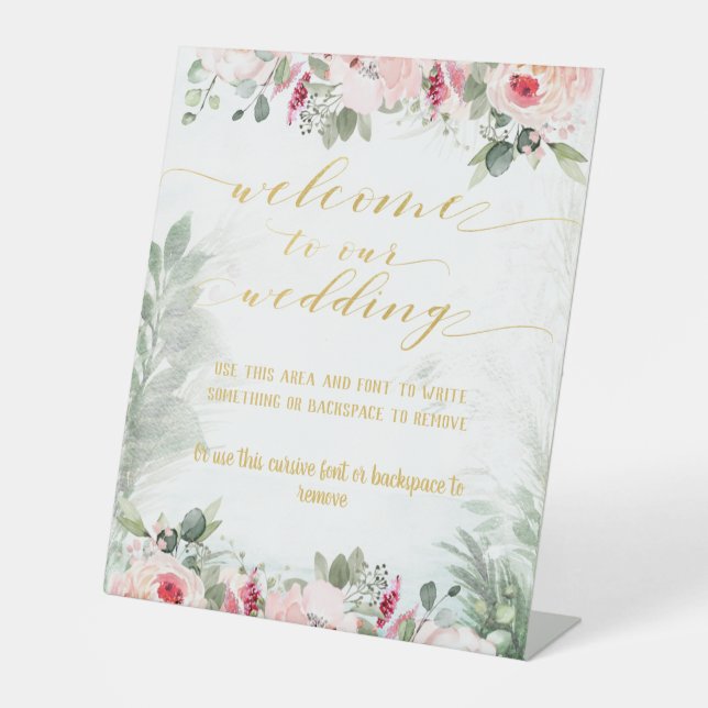 Blush Pink & Gold Fancy Font Calligraphy Welcome Pedestal Sign (Front)