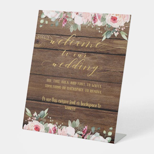 Blush Pink & Gold Fancy Font Calligraphy Welcome Pedestal Sign (Front)