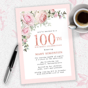 Blush Pink Gold Floral 100th Birthday Party Invitation