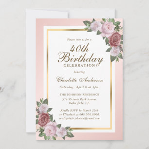 Blush Pink Gold Floral 40e anniversaire Invitation