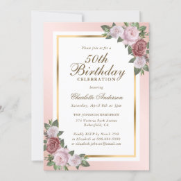 Blush Pink Gold Floral 50th Birthday Invitation