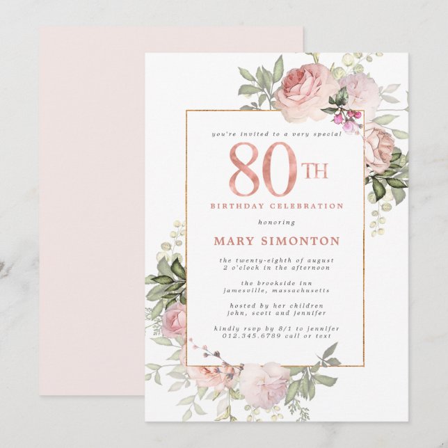 Blush Pink Gold Floral 80th Birthday Party Invitation (Front/Back)