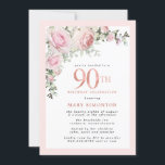 Blush Pink Gold Floral 90th Birthday Party Invitat Invitation<br><div class="desc">Honour a special woman with this elegant and feminine 90th Birthday party invitation. 90th is written in large pink text. Birthday celebration follows. The honoured guest's name is also in pink capital letters. Blush pink roses and sage green leaves create a beautiful floral spray at the top. While it is...</div>