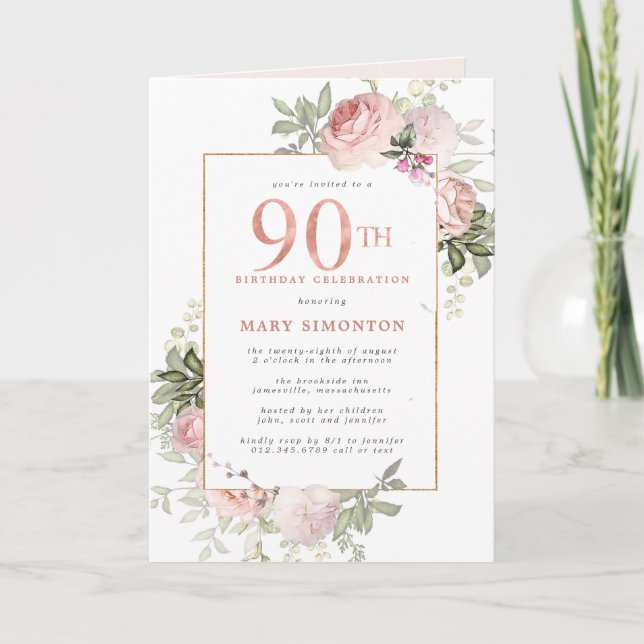 Blush Pink Gold Floral 90th Birthday Party Invitation (Front)