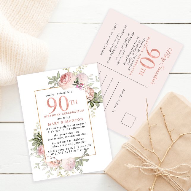 Blush Pink Gold Floral 90th Birthday Party Invitation Postcard (Creator Uploaded)