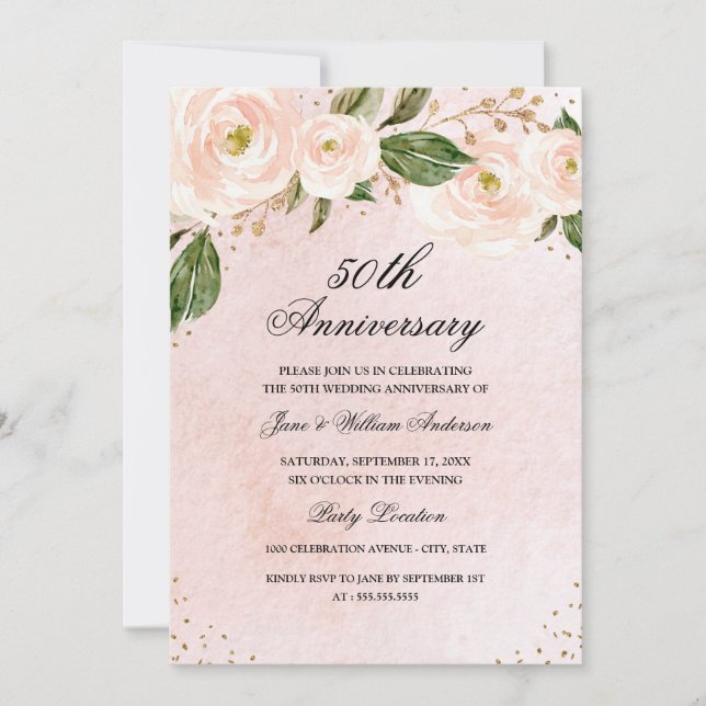 Blush Pink Gold Floral Anniversary Invitation (Front)