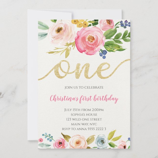 Blush Pink Gold Floral Baby Girl First Birthday Invitation (Front)