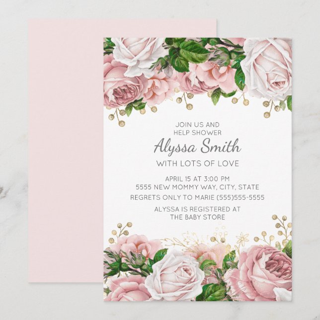 Blush Pink Gold Floral Baby Shower Invitation (Front/Back)