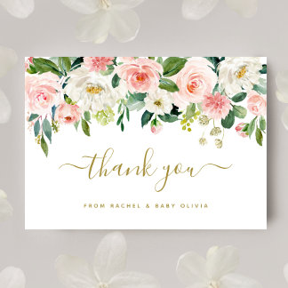 Blush Pink Gold Floral Baby Shower Thank You Card