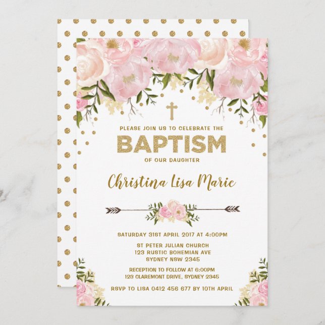 Blush Pink & Gold Floral Baptism Invitation (Front/Back)