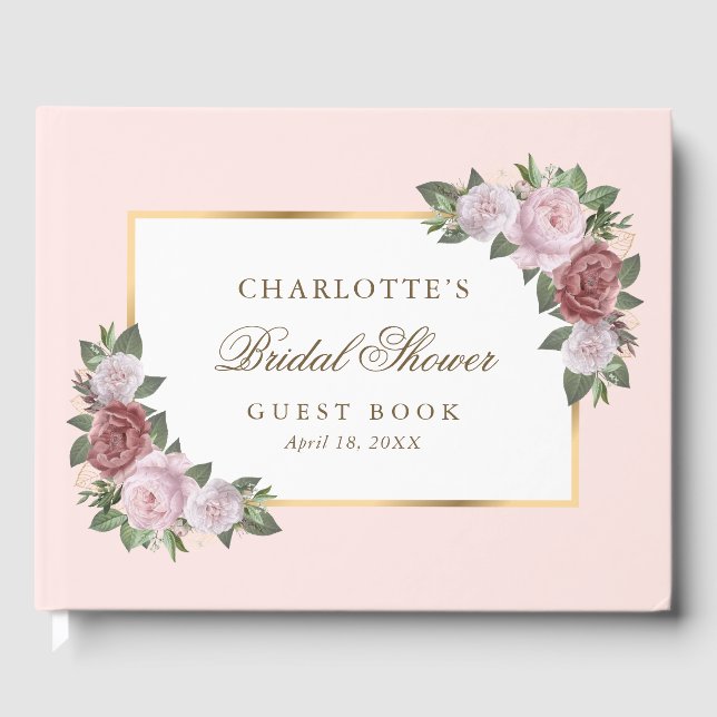 Blush Pink Gold Floral Bridal Shower Guest Book (Front)