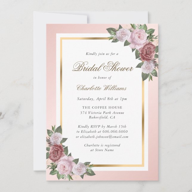 Blush Pink Gold Floral Bridal Shower Invitation (Front)