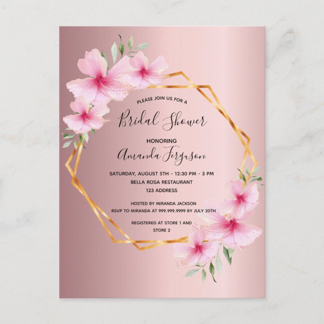 Blush pink gold floral bridal shower invitation postcard (Front)