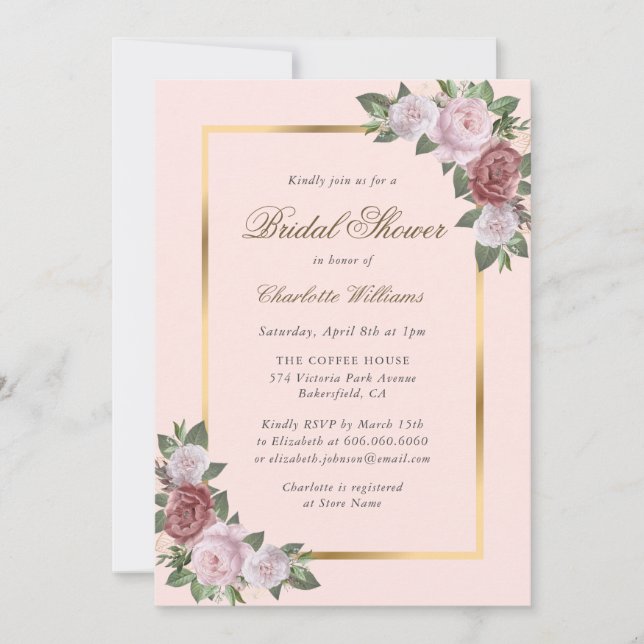 Blush Pink Gold Floral Bridal Shower Invitations (Front)