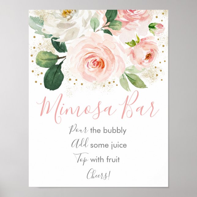 Blush Pink Gold Floral Bridal Shower Mimosa Bar Poster (Front)