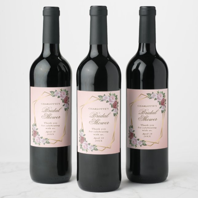 Blush Pink Gold Floral Bridal Shower Wine Labels (Bottles)
