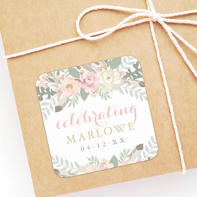 Blush Pink Gold Floral Custom Wedding Bride Name Square Sticker (Creator Uploaded)