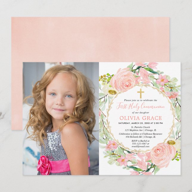 Blush pink gold floral First Holy Communion photo Invitation (Front/Back)