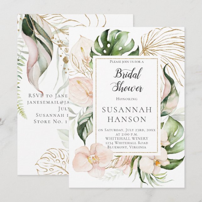 Blush Pink Gold Floral FrameTropical Bridal Shower Card (Front/Back)