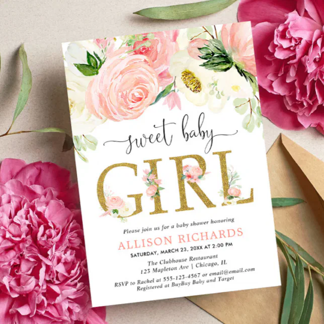 Blush pink gold Floral Girl baby shower Invitation Zazzle