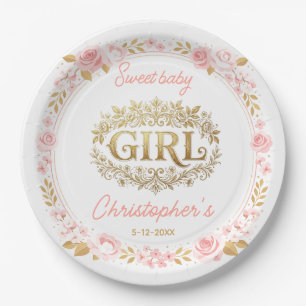 Blush Pink & Gold Floral Girl Baby Shower Paper Plate