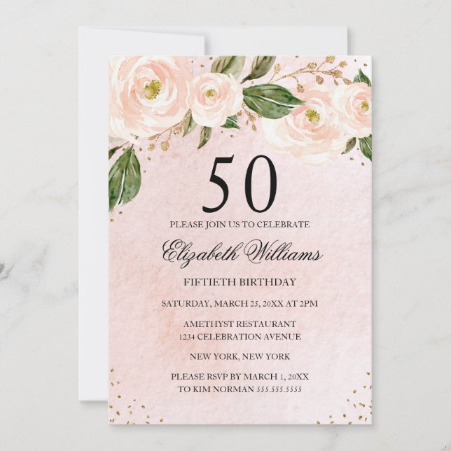 Blush Pink Gold Floral Invitation 50e anniversaire (Devant)