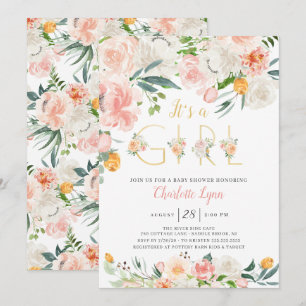 Blush Pink Gold Floral It's A Girl Baby Shower Invitation