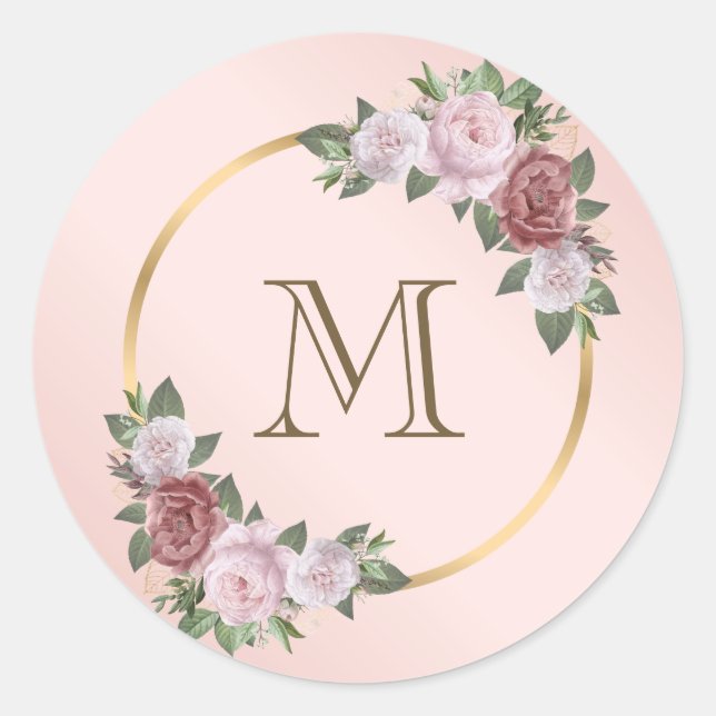 Blush Pink Gold Floral Monogram Initial Classic Ro Classic Round Sticker (Front)