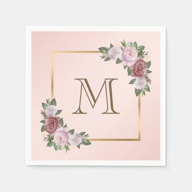 Blush Pink Gold Floral Monogram Wedding Napkins (Front)