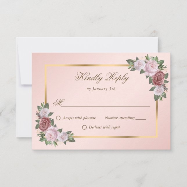 Blush Pink Gold Floral Wedding RSVP Cards (Front)
