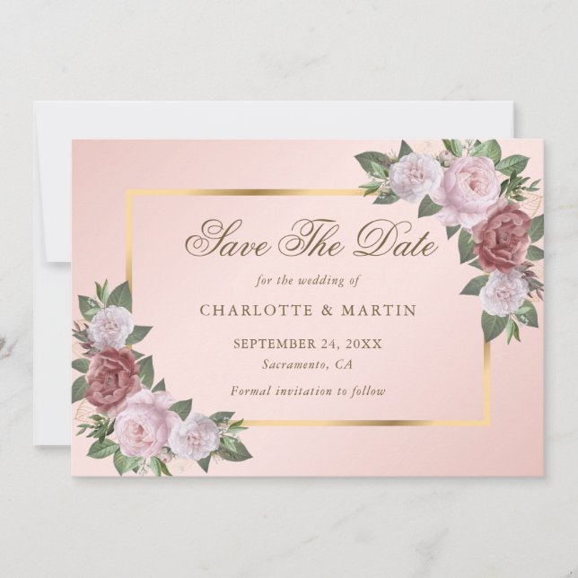 Blush Pink Gold Floral Wedding Save The Date Cards (Front)