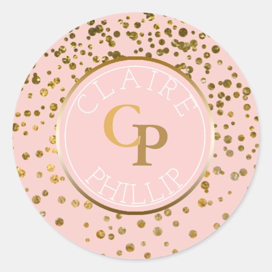 Blush Pink Gold Foil Confetti | Monogram Wedding Classic Round Sticker