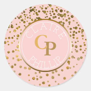 Blush Pink Gold Foil Confetti   Monogram Wedding Classic Round Sticker