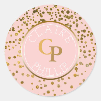 Blush Pink Gold Foil Confetti | Monogram Wedding Classic Round Sticker