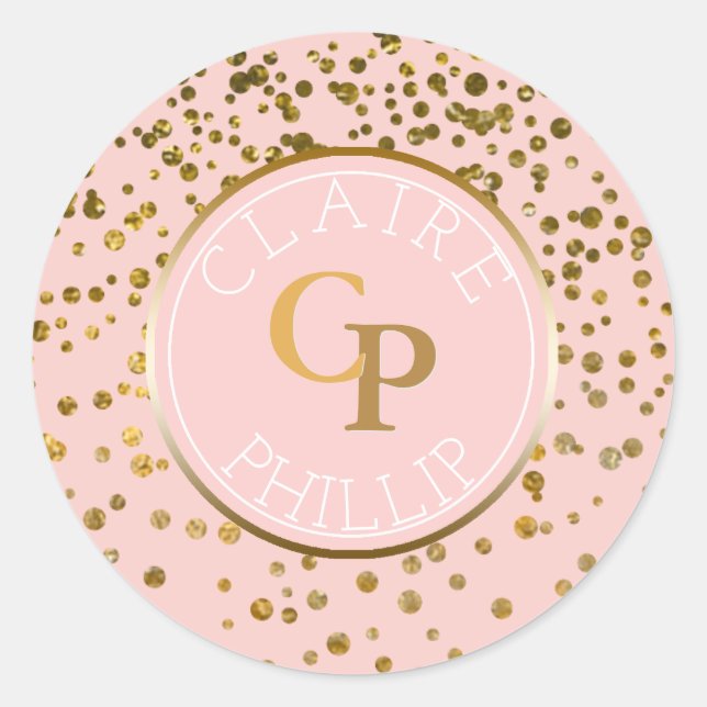 Blush Pink Gold Foil Confetti | Monogram Wedding Classic Round Sticker (Front)