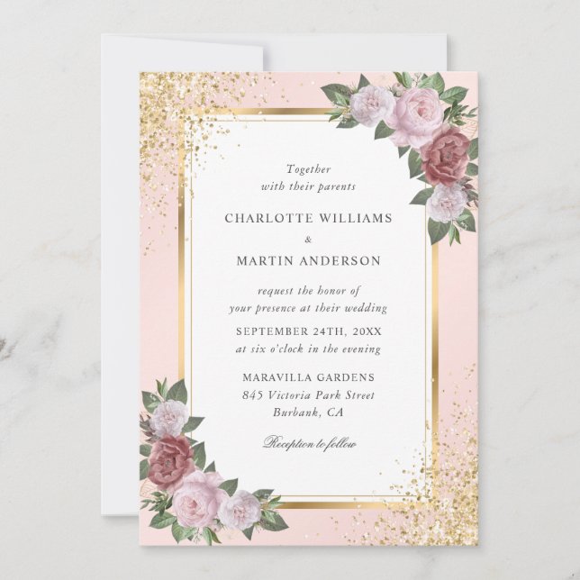 Blush Pink Gold Frame Confetti Floral Wedding Invitation (Front)