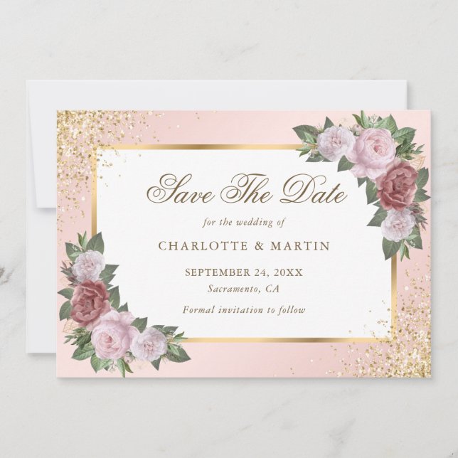 Blush Pink Gold Frame Confetti Floral Wedding Save The Date (Front)