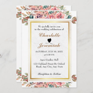 Blush Pink Gold Frame Floral Greenery Wedding Invitation