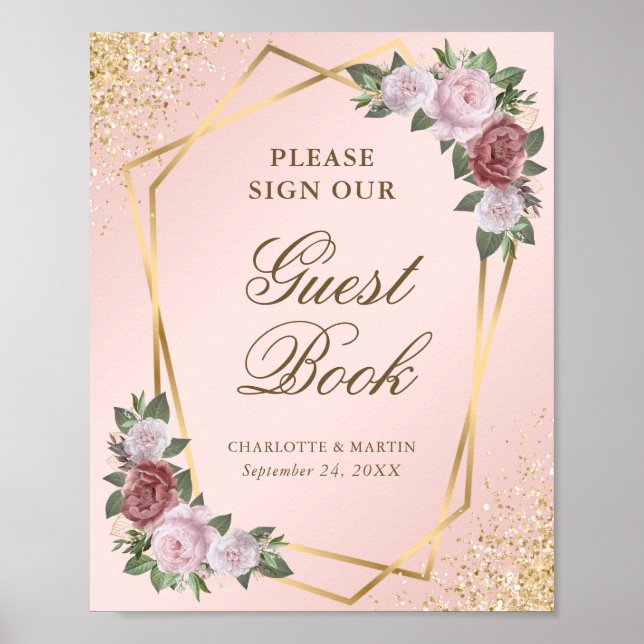 Blush Pink Gold Geometric Wedding Guest Book Sign (Front)