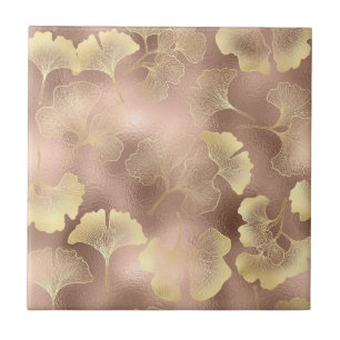 Blush Pink Gold Ginkgo Leaves Elegant Botanical 6 Tile