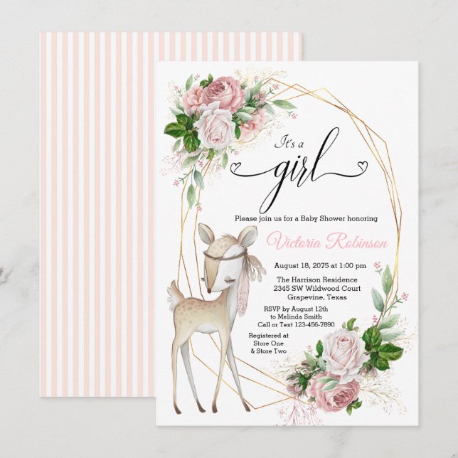 Blush Pink Gold Girl Deer Baby Shower Invitation (Front/Back)
