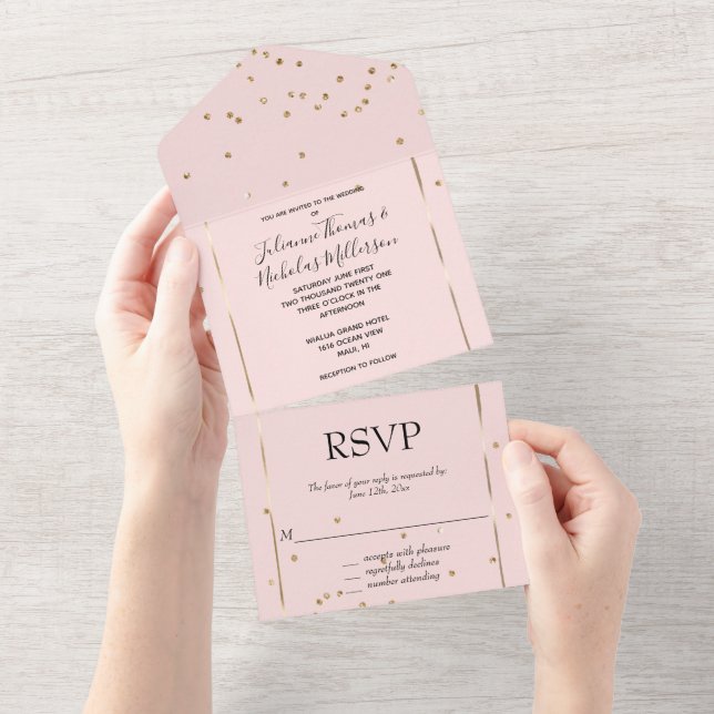 Blush Pink Gold Glam Confetti Wedding All In One Invitation (Tearaway)