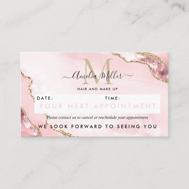 Blush Pink Gold Glitter Agate Marble Monogram Cute Appointment Card (Front)
