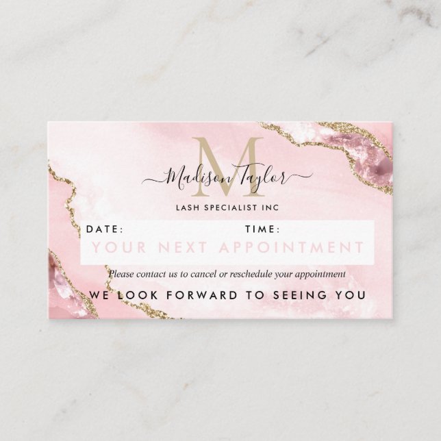 Blush Pink Gold Glitter Agate Marble Monogram Cute Appointment Card (Front)