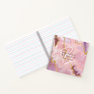 Blush Pink Gold Glitter Agate Monogram Business Notebook