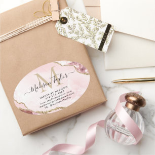 Blush Pink Gold Glitter Agate Monogram Business Oval Sticker
