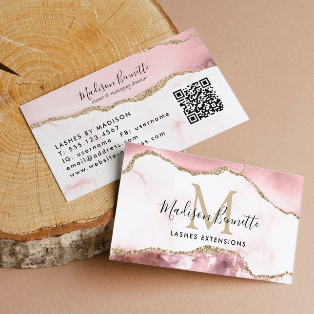 Blush Pink Gold Glitter Agate Monogram QR Code Business Card (Creator Uploaded)