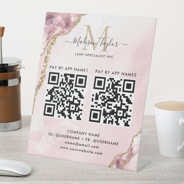 Blush Pink Gold Glitter Agate Monogram Scan to Pay Pedestal Sign (In SItu)