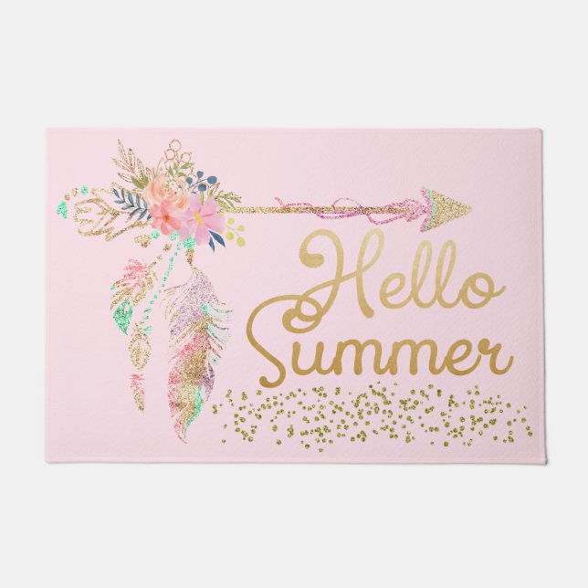 Blush Pink Gold Glitter Boho Feather Hello Summer Doormat (Front)